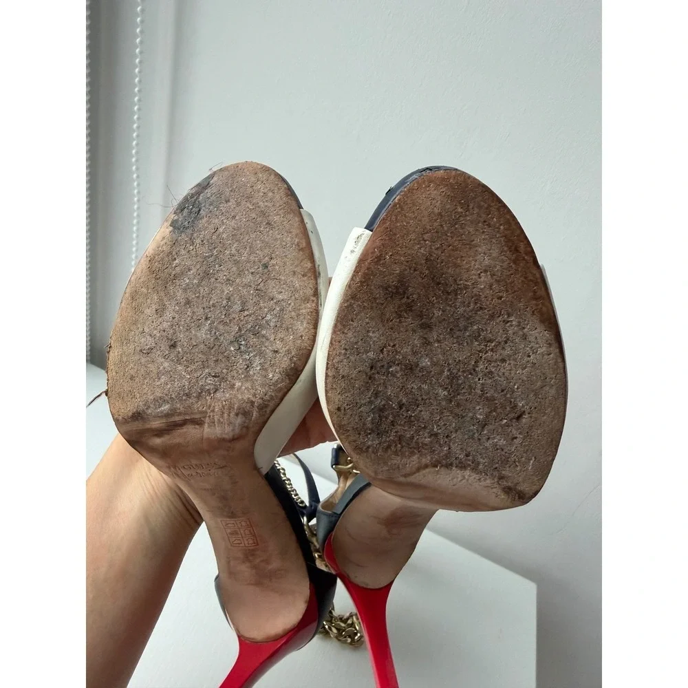 GUESS Marciano Chain Heels Leather Peep Toe Pumps Y2K Size 37.5 US 7.5